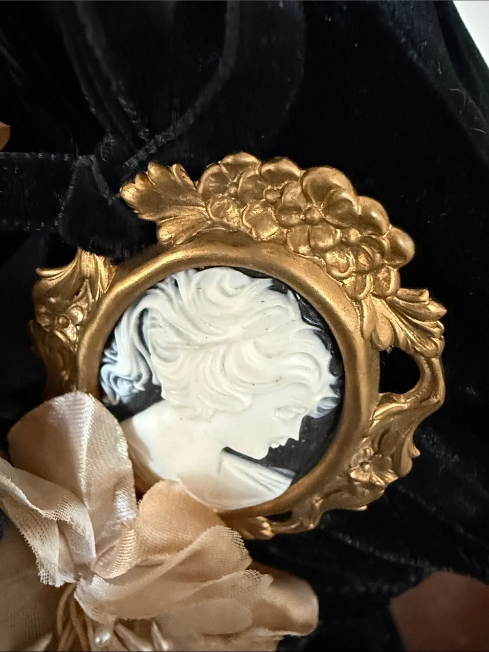 Vintage Hooray Henri Black Velvet Hat with Floral Accents and Gold Cameo